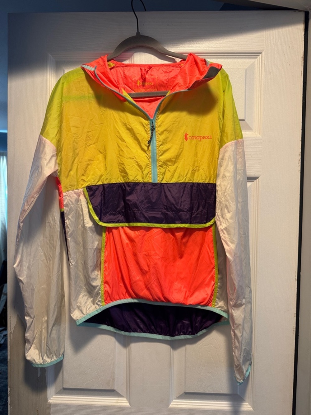 cotopaxi Neon Colorblock Hooded Windbreaker - Yellow, Coral, Purple, White